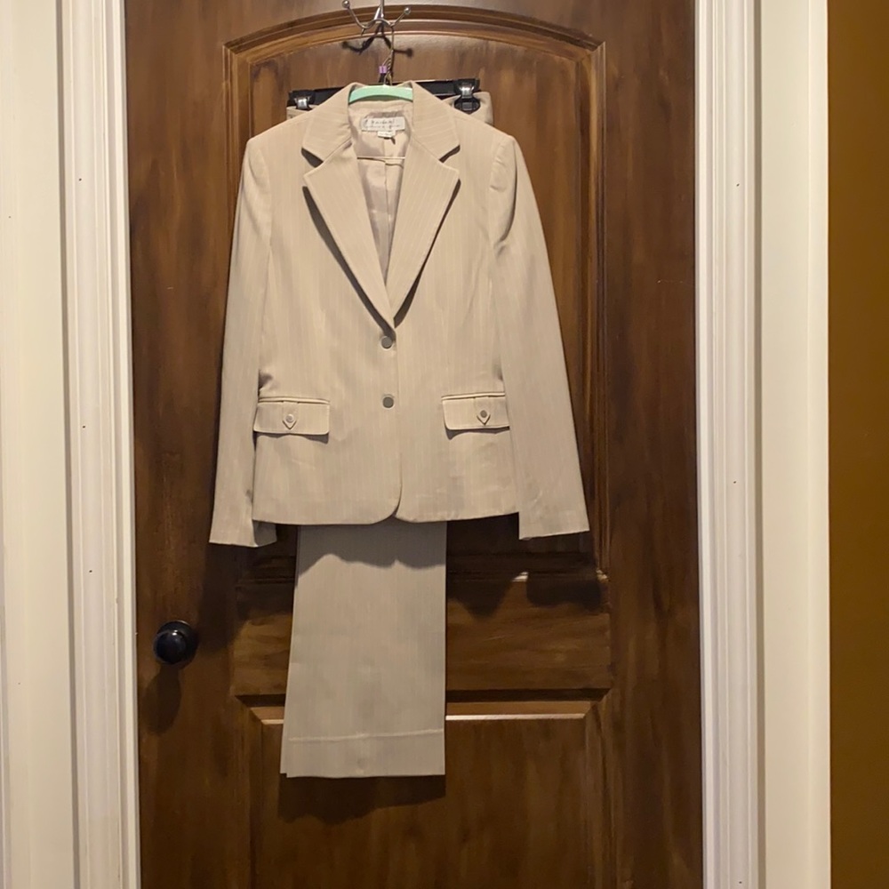 Tahari pantsuit in taupe w/white pinstripe